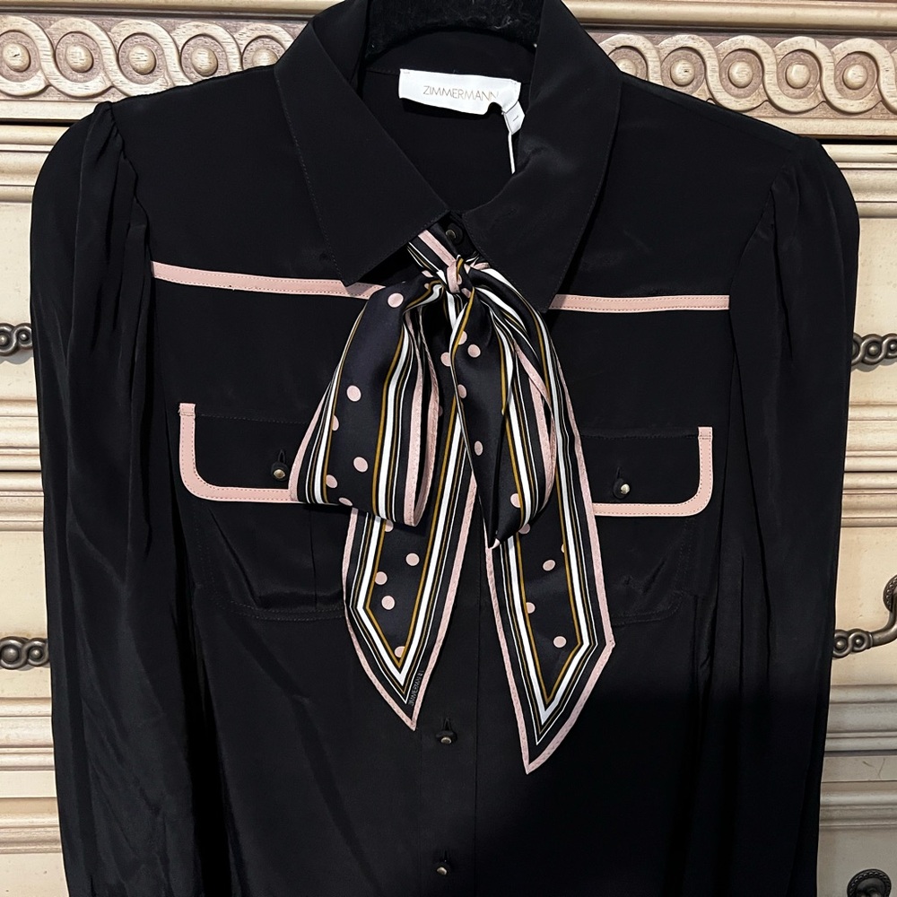 ZIMMERMANN Black and Tan Bow Printed Crepe De Chine Blouse NWT - Picture 7 of 15